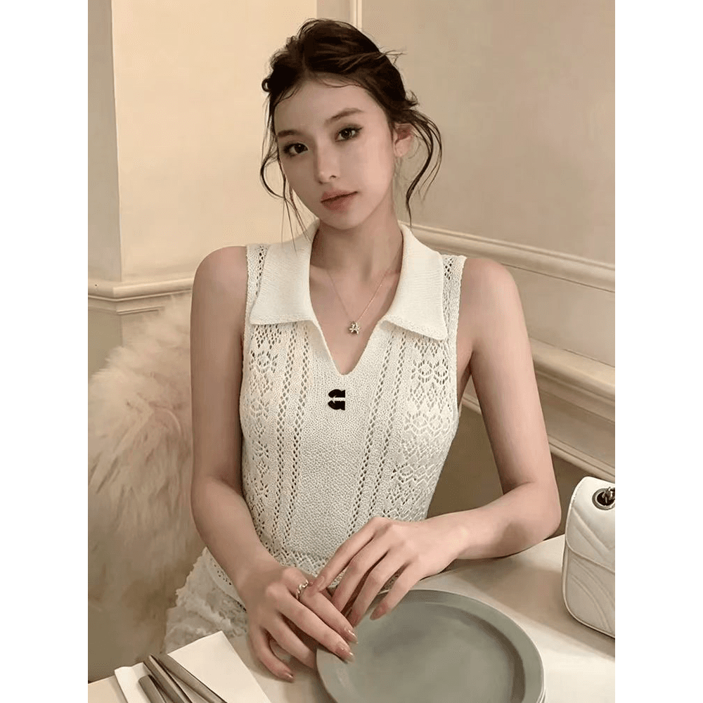 복숭아 분말 홀로우 아웃 POLO 칼라 니트 조끼 슈퍼 잘 생긴 부드러운 바람 연령 감소 민소매 맨위 여성 이미지 5