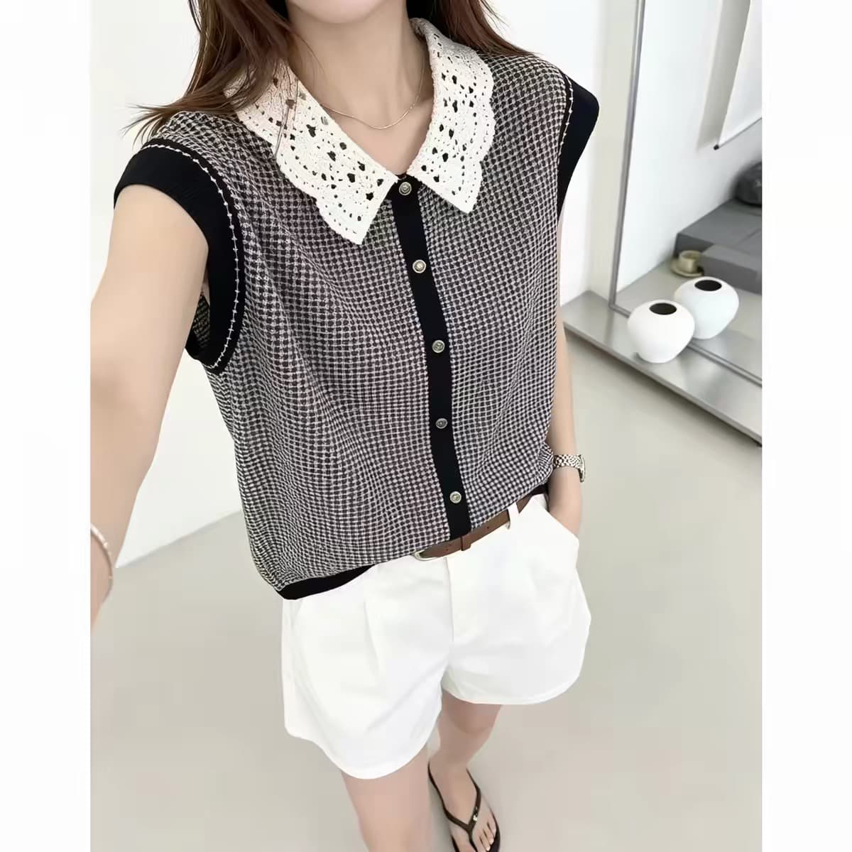 한 부서 미니멀리즘 바람 레이스 폴로 칼라 민소매 니트 오픈 가디건 여성 유럽 상품 여름 새로운 루즈핏 슬림해 보이는 다용도 맨위