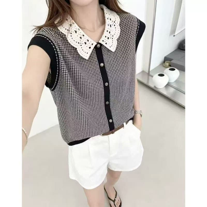 한 부서 미니멀리즘 바람 레이스 폴로 칼라 민소매 니트 오픈 가디건 여성 유럽 상품 여름 새로운 루즈핏 슬림해 보이는 다용도 맨위 상세 이미지 7