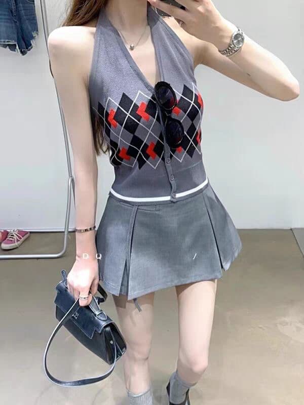 한 부서 품격 배색 체크무늬 V넥 행침 목 조끼 작은 맨위 상세 이미지 3