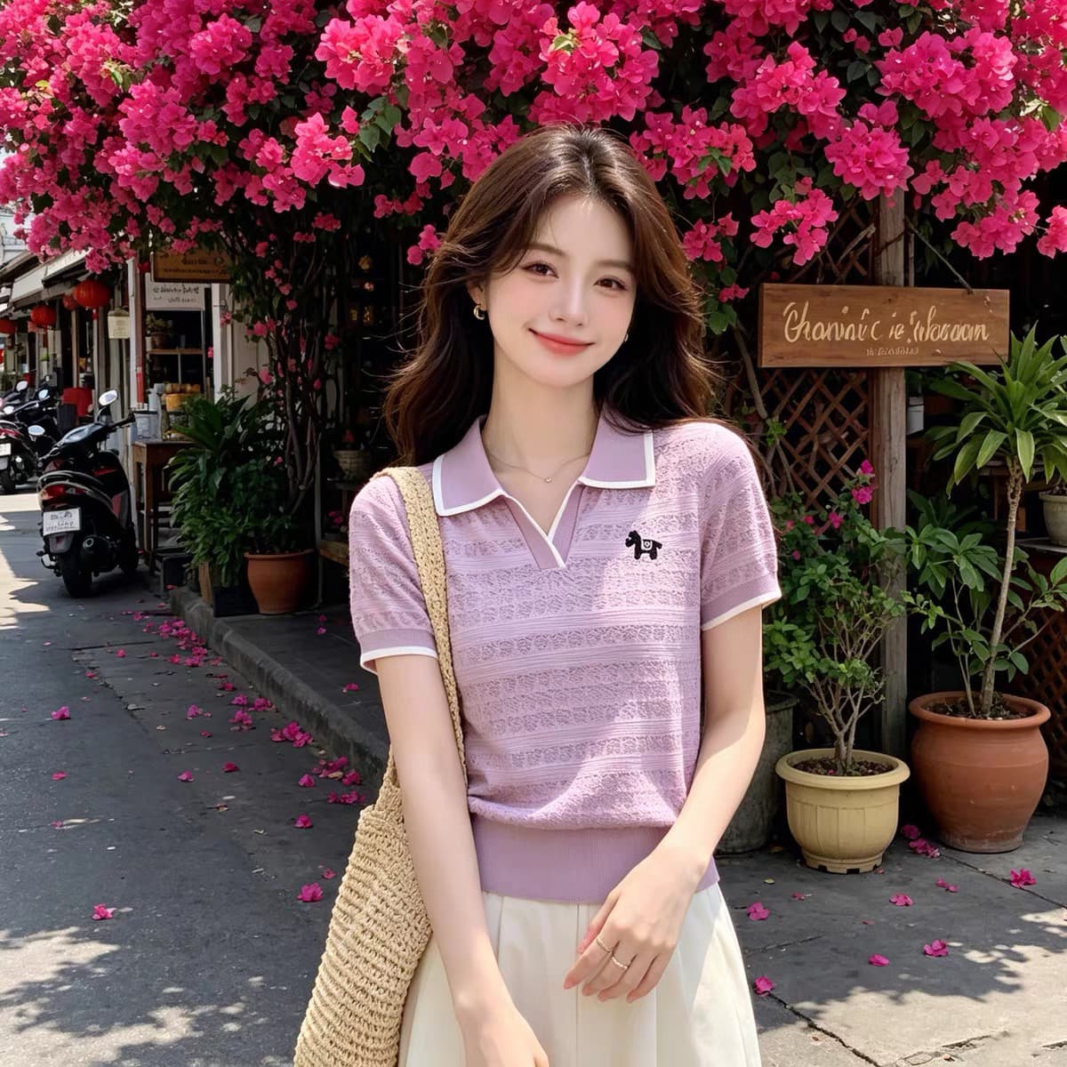 한 부서 품격 POLO 칼라 홀로우 아웃 반팔 니트 스웨터 여름 디자인 센스 고유 한 Chic 출퇴근 쇼트 스타일 맨위 여성 상세 이미지 4