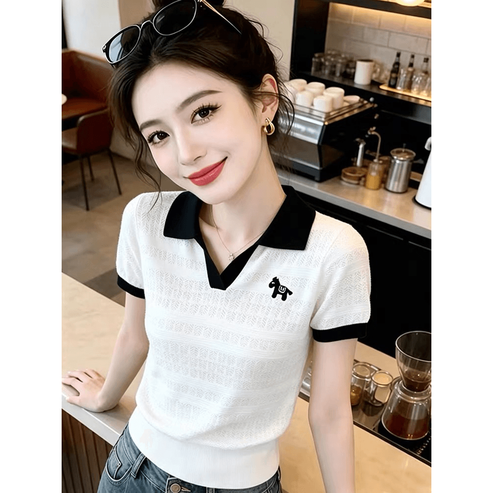 올해 여름 새로운 외국 가스 패션 디자인 센스 홀로우 아웃 작은 말 자수 POLO 칼라 반팔 티셔츠 여성 의류 맨위 이미지 5