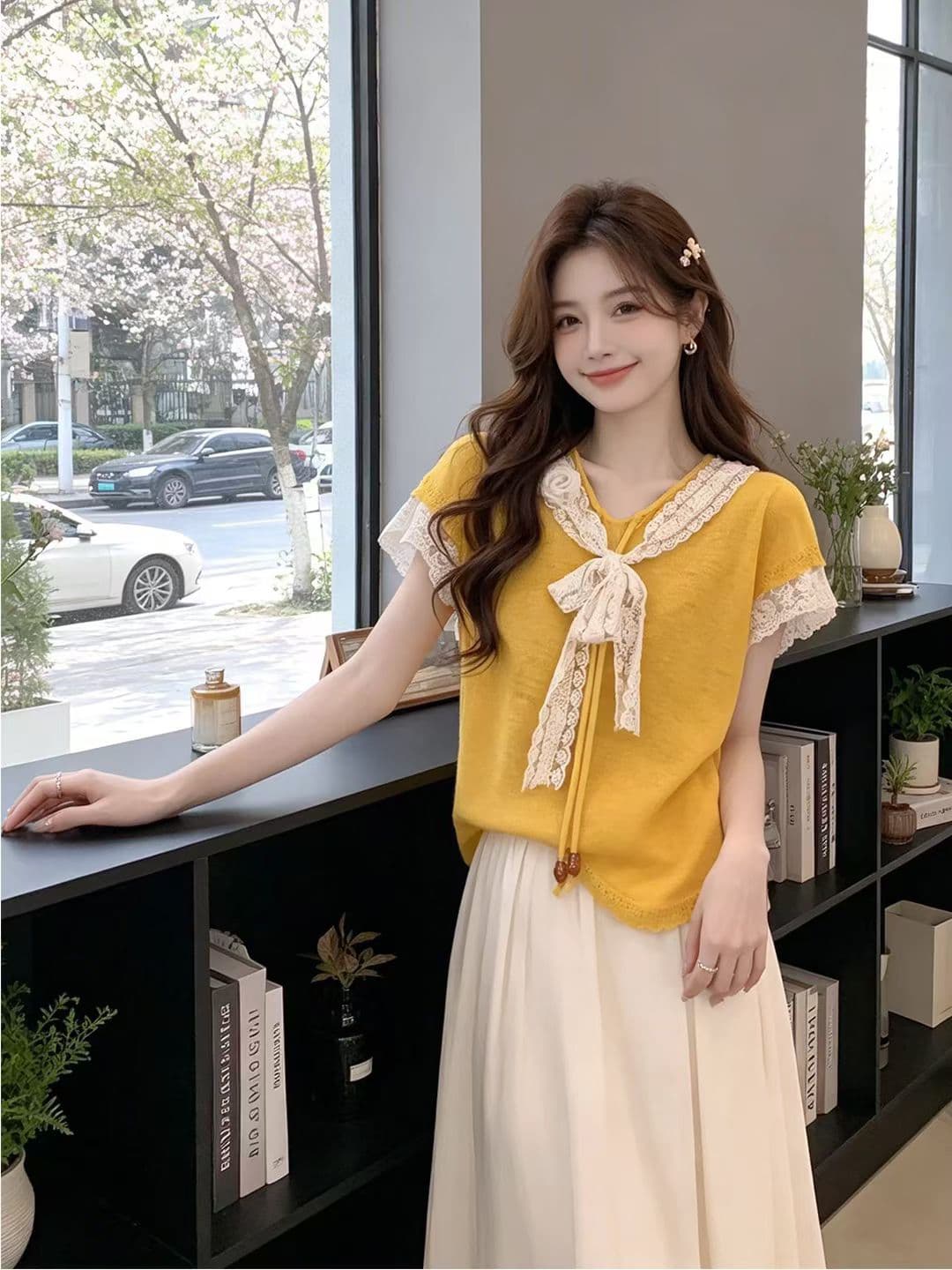 도파민 바람 세트 여성 여름 한 부서 품격 슬림해 보이는 자이언트 잘 생긴 쇼트 스타일 레이스 조각 V넥 반팔 맨위 상세 이미지 2