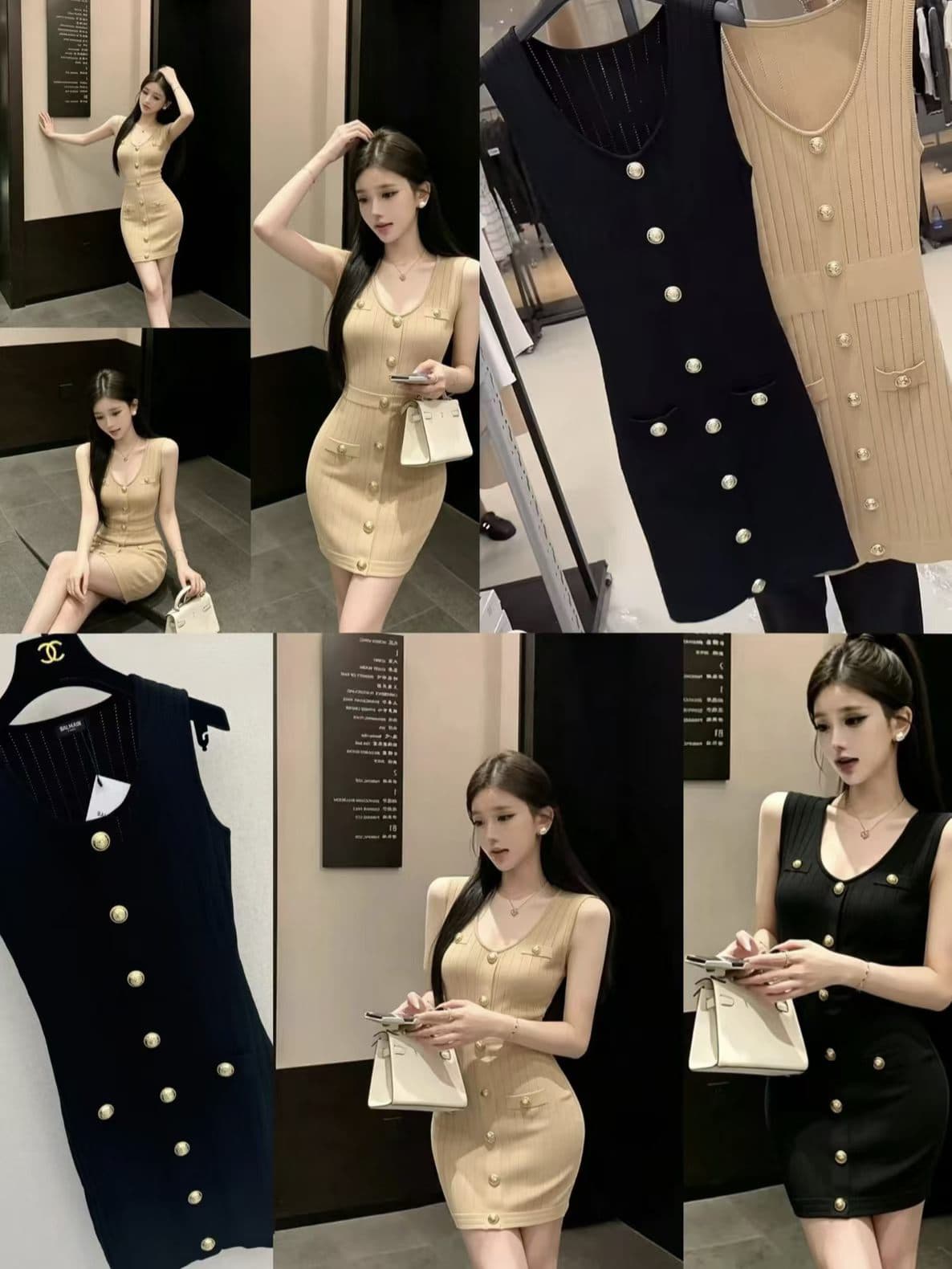 고급 프랑스식 레트로 금속 버클 품격 다용도 일상 출퇴근 수리 허리 슬림해 보이는 민소매 라운드 넥 니트 드레스 상세 이미지 1