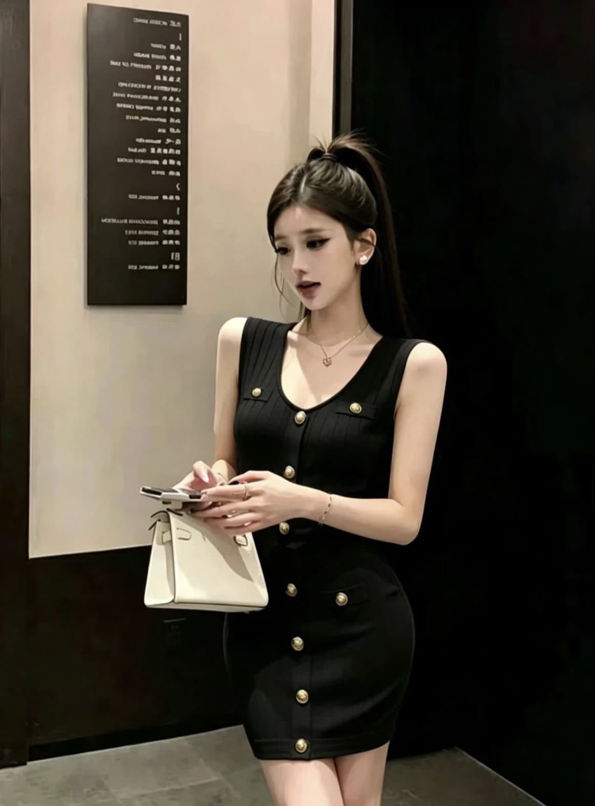 고급 프랑스식 레트로 금속 버클 품격 다용도 일상 출퇴근 수리 허리 슬림해 보이는 민소매 라운드 넥 니트 드레스 상세 이미지 4