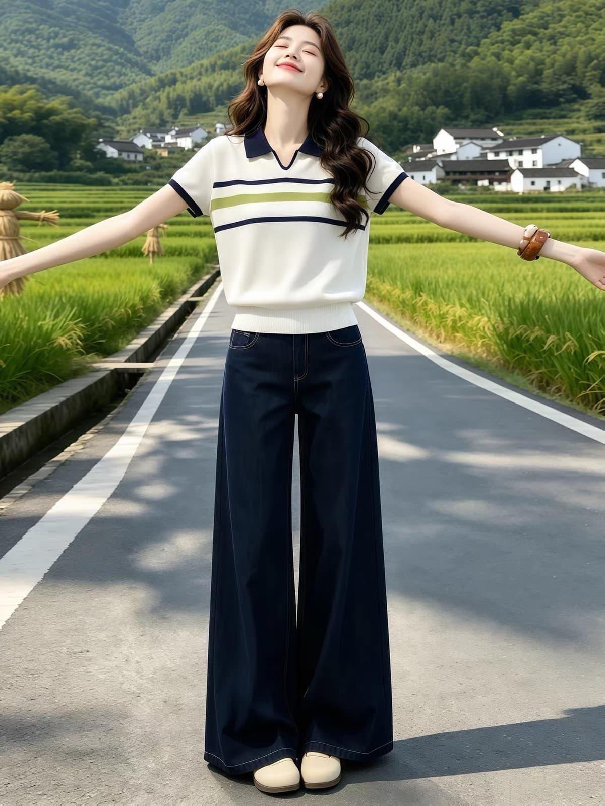 한 부서 배색 POLO 칼라 스트라이프 니트 스웨터 반팔 여성 여름 빅 사이즈 지방 mm 품격 연령 감소 슈퍼 잘 생긴 맨위 상세 이미지 1