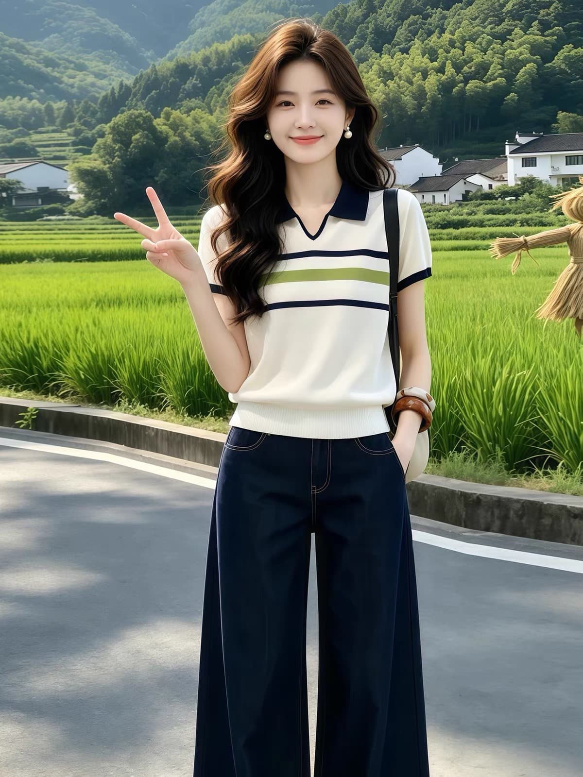 한 부서 배색 POLO 칼라 스트라이프 니트 스웨터 반팔 여성 여름 빅 사이즈 지방 mm 품격 연령 감소 슈퍼 잘 생긴 맨위 상세 이미지 2