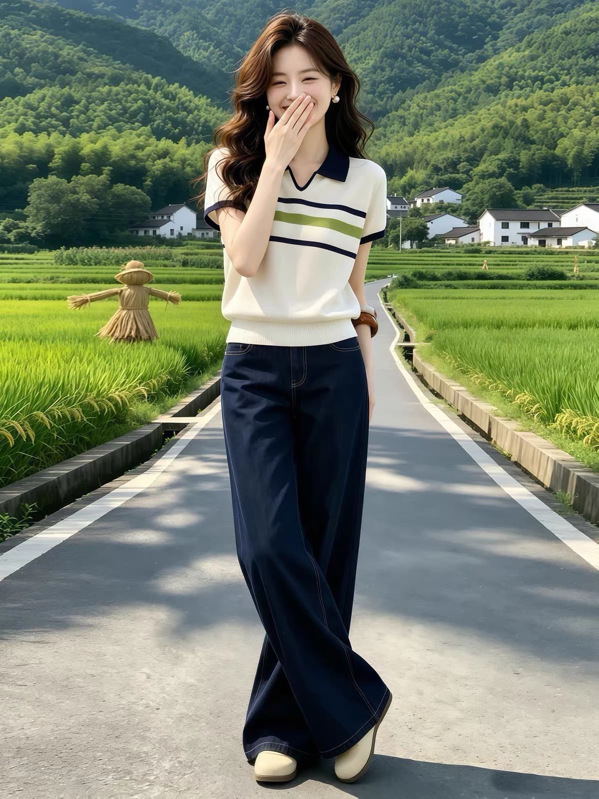 한 부서 배색 POLO 칼라 스트라이프 니트 스웨터 반팔 여성 여름 빅 사이즈 지방 mm 품격 연령 감소 슈퍼 잘 생긴 맨위 상세 이미지 4