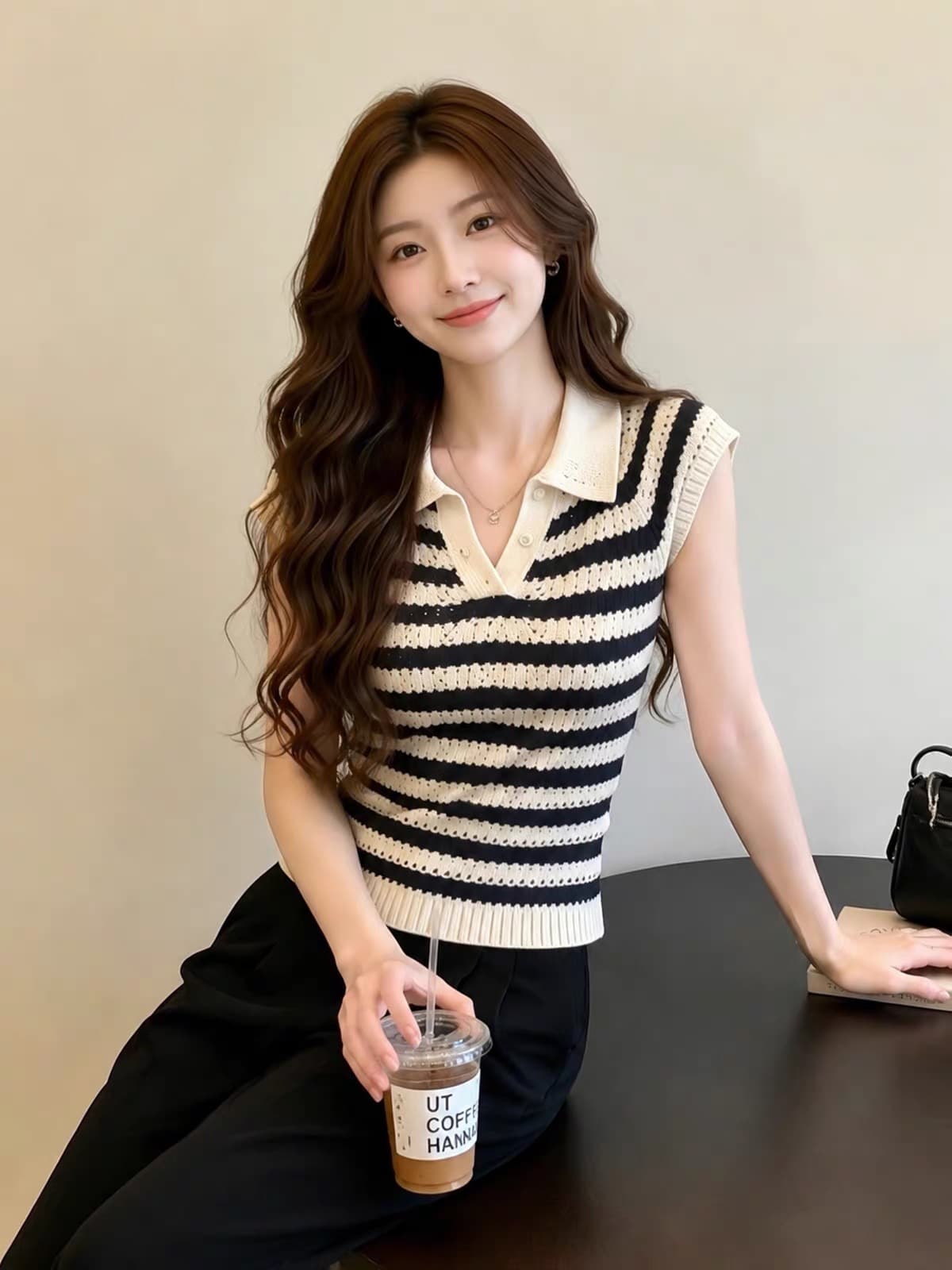 배색 스트라이프 홀로우 아웃 니트 폴로 칼라 반팔 티셔츠 여성 2026 여름 아름다운 자이언트 잘 생긴 한 부서 아름다운 맨위 이미지 2