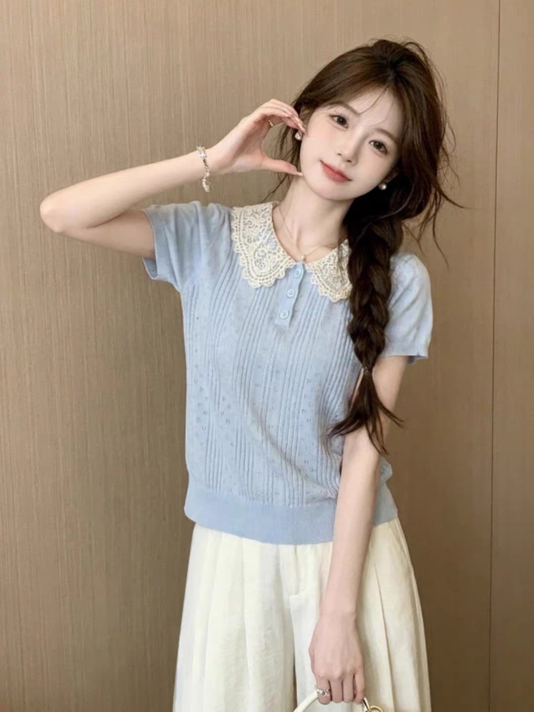 한 부서 파란색 레이스 폴로 칼라 반팔 니트 스웨터 여성 2026 새로운 여름 달콤한 스타일 연령 감소 아름다운 작은 맨위 이미지 4