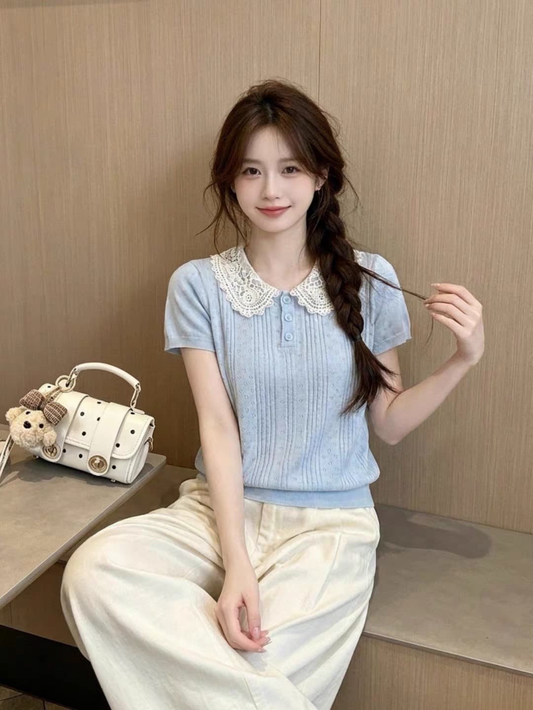 한 부서 파란색 레이스 폴로 칼라 반팔 니트 스웨터 여성 2026 새로운 여름 달콤한 스타일 연령 감소 아름다운 작은 맨위 상세 이미지 5