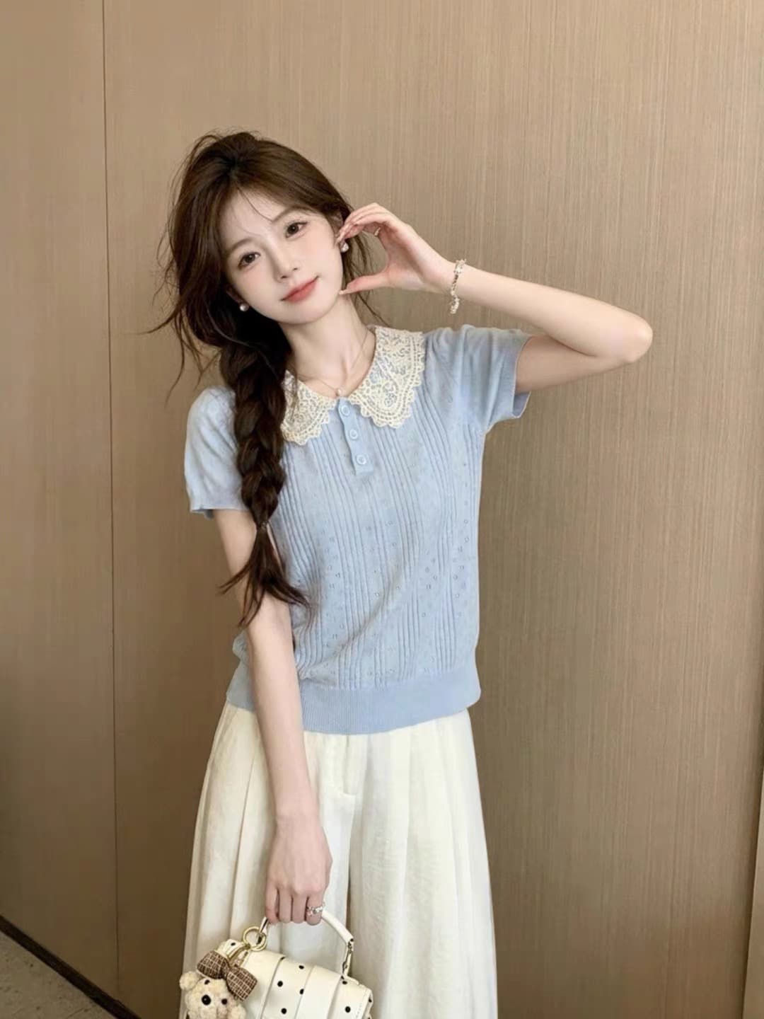 한 부서 파란색 레이스 폴로 칼라 반팔 니트 스웨터 여성 2026 새로운 여름 달콤한 스타일 연령 감소 아름다운 작은 맨위 상세 이미지 8