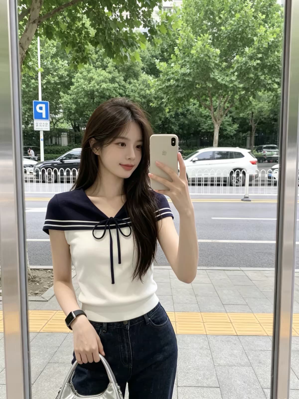 한 부서 학원 스타일 나비 넥타이 니트 티셔츠 여성 여름 2026 새로운 몸매 가꾸기 슬림해 보이는 V넥 쇼트 스타일 맨위 이미지 3