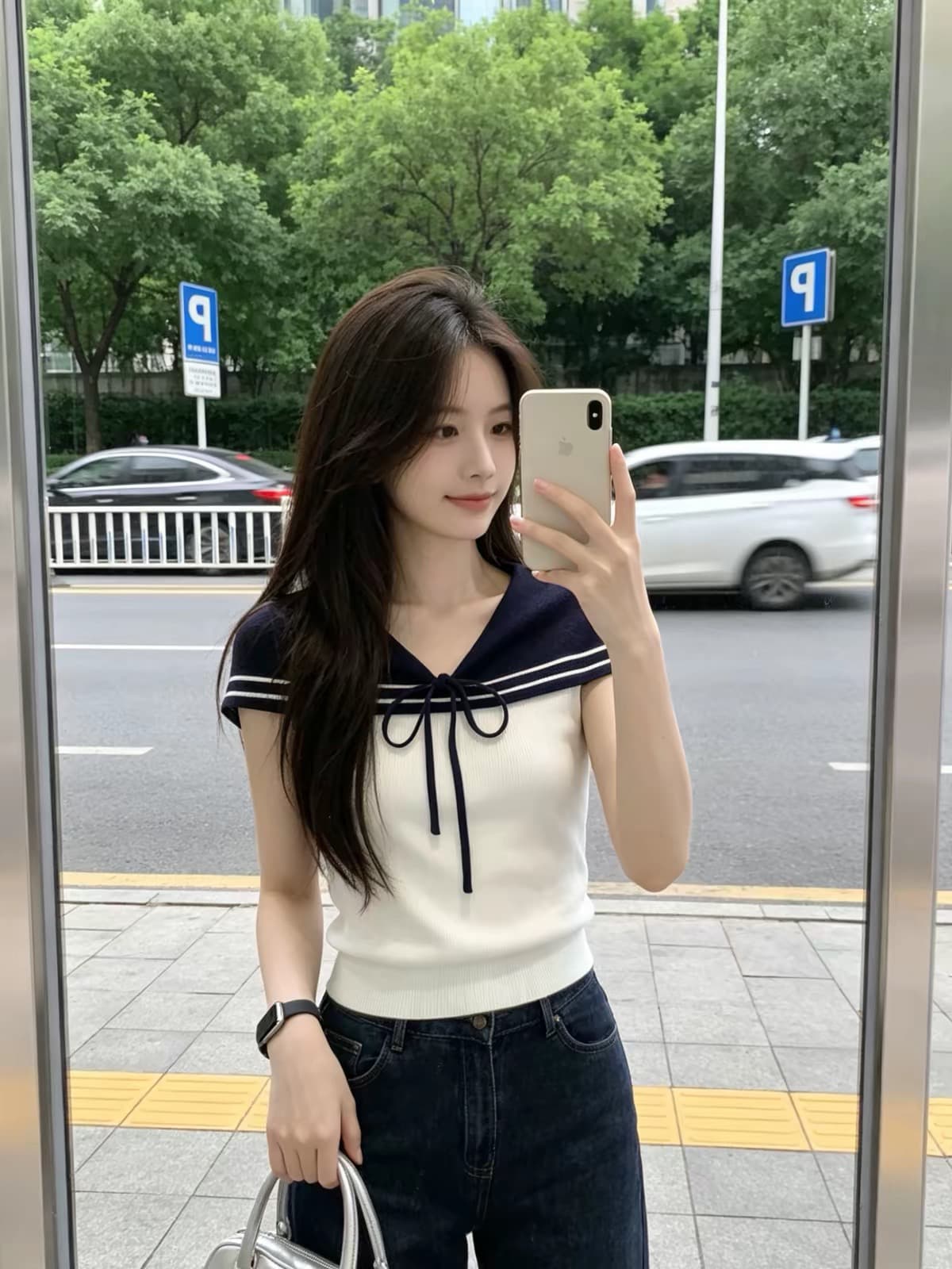 한 부서 학원 스타일 나비 넥타이 니트 티셔츠 여성 여름 2026 새로운 몸매 가꾸기 슬림해 보이는 V넥 쇼트 스타일 맨위 이미지 4