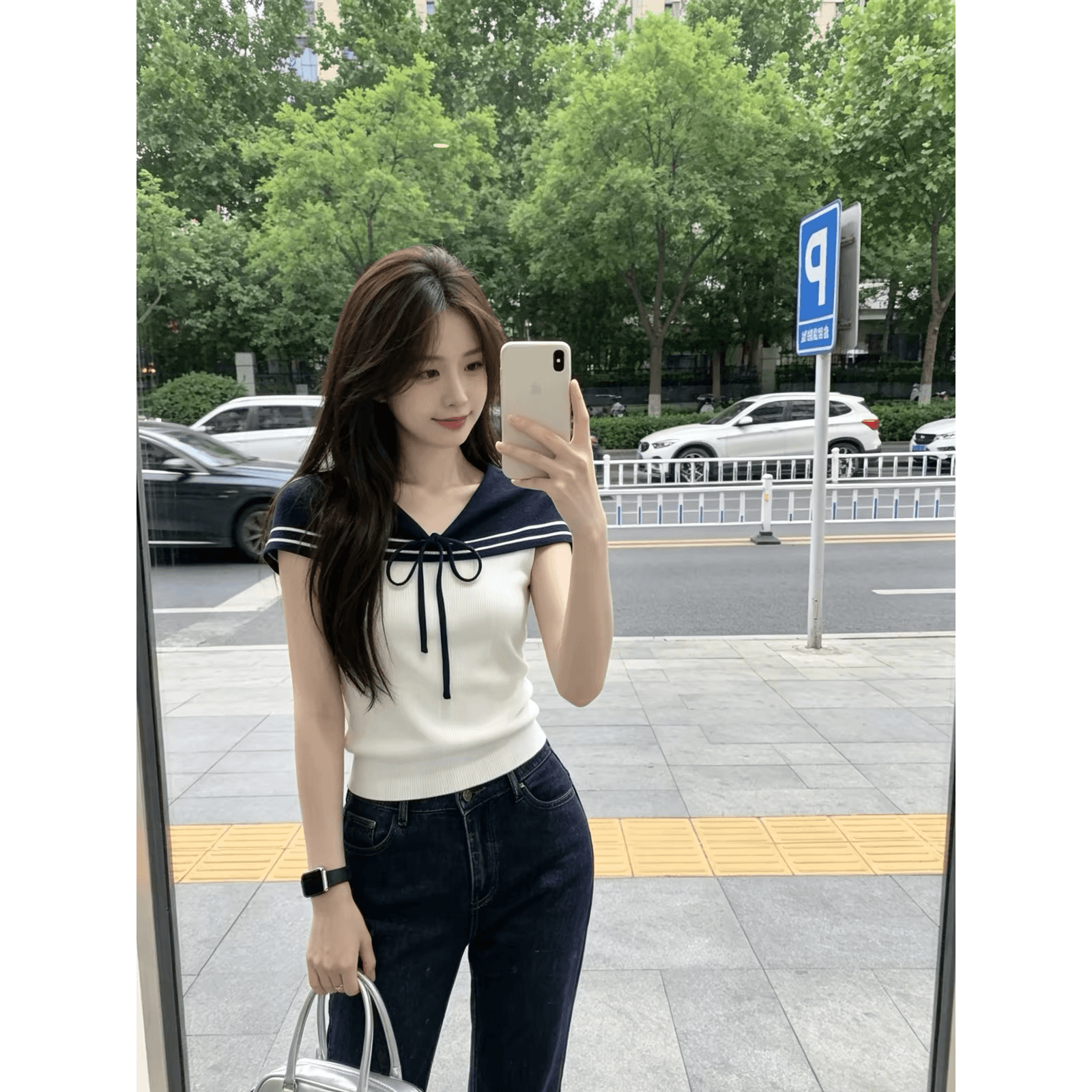 한 부서 학원 스타일 나비 넥타이 니트 티셔츠 여성 여름 2026 새로운 몸매 가꾸기 슬림해 보이는 V넥 쇼트 스타일 맨위 이미지 5