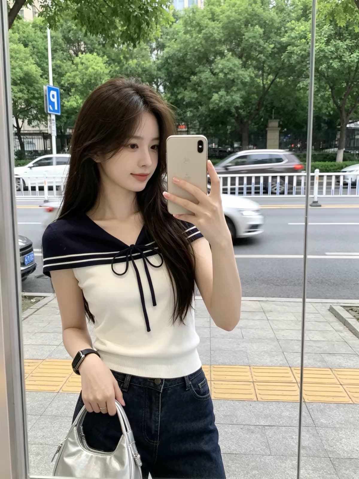 한 부서 학원 스타일 나비 넥타이 니트 티셔츠 여성 여름 2026 새로운 몸매 가꾸기 슬림해 보이는 V넥 쇼트 스타일 맨위 상세 이미지 2