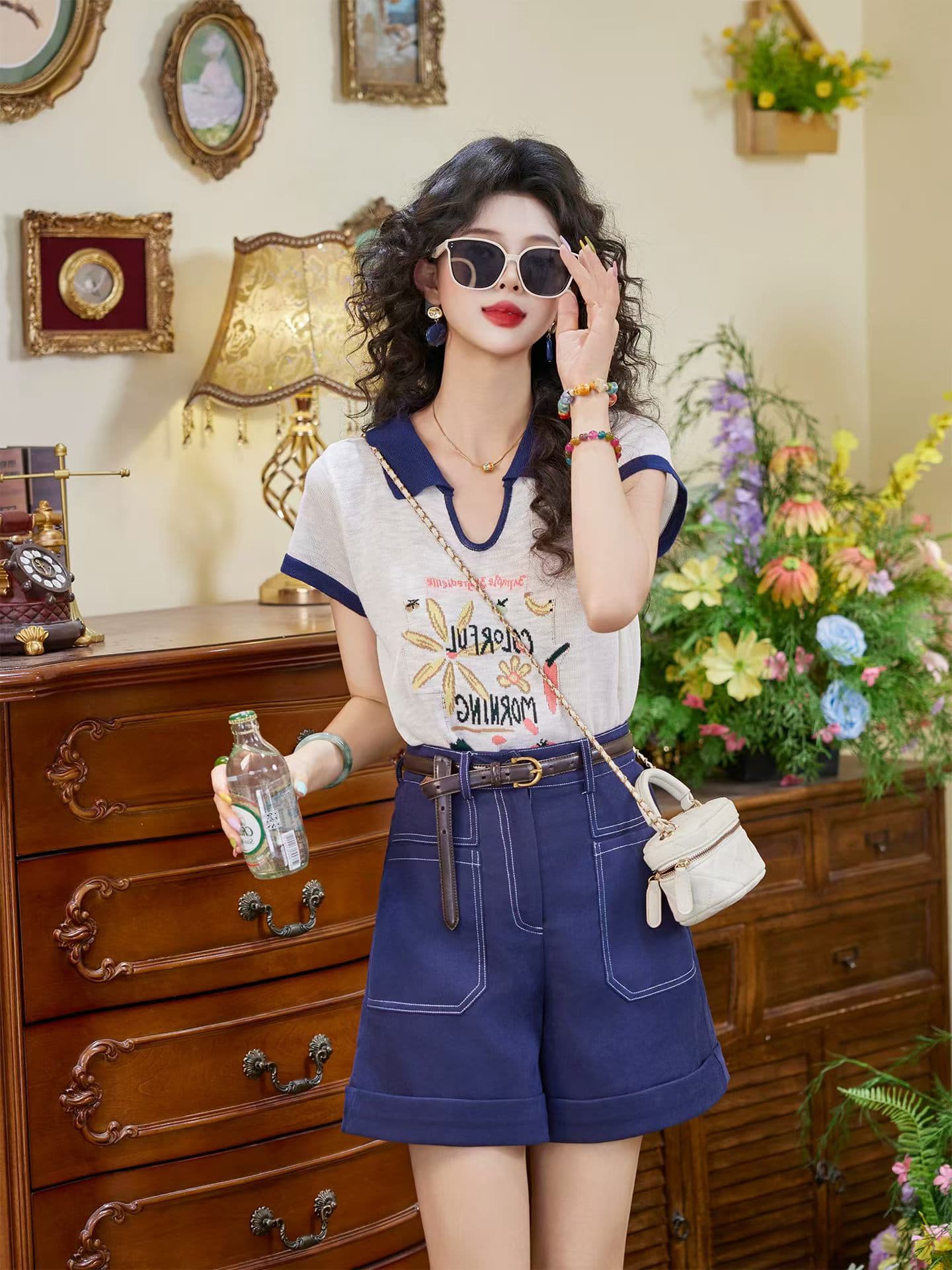 첸 좋은 청소 프루티 버블 문예 바람 배색 POLO 칼라 반팔 티셔츠 여성 루즈핏 연령 감소 캐주얼 맨위 상세 이미지 6