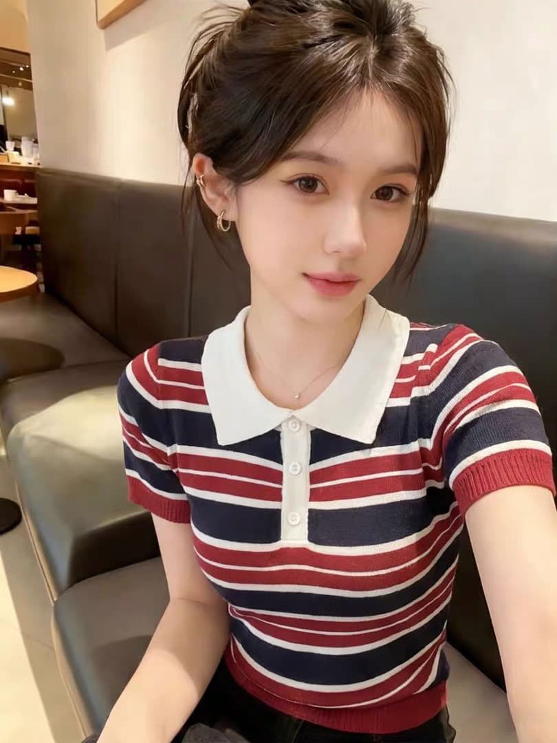 아메리칸 레트로 긍정적 인 어깨 배색 스트라이프 POLO 칼라 반팔 티셔츠 여성 여름 몸매 가꾸기 슬림해 보이는 얼음 실크 니트 맨위