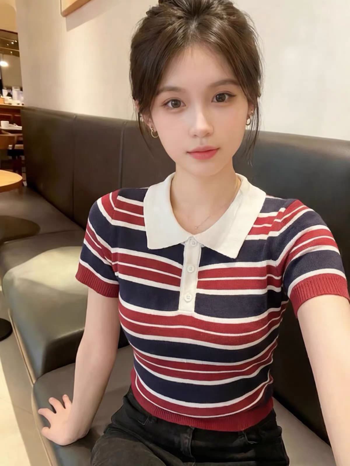 아메리칸 레트로 긍정적 인 어깨 배색 스트라이프 POLO 칼라 반팔 티셔츠 여성 여름 몸매 가꾸기 슬림해 보이는 얼음 실크 니트 맨위 상세 이미지 5