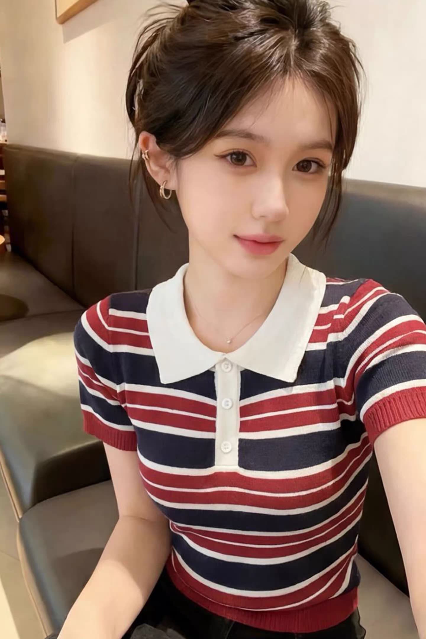 한 부서 패션 폴로 칼라 스트라이프 배색 니트 반팔 여성 여름 얼음 실크 캐주얼 슬림해 보이는 긍정적 인 어깨 티셔츠 맨위 트렌디 상세 이미지 6