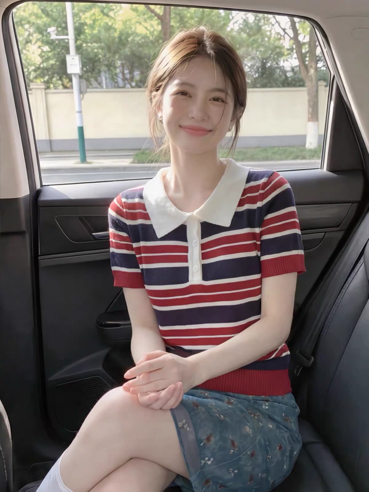 아메리칸 학원 스타일 배색 스트라이프 POLO 칼라 얼음 실크 니트 스웨터 여성 여름 몸매 가꾸기 긍정적 인 어깨 반팔 티셔츠 맨위 이미지 3