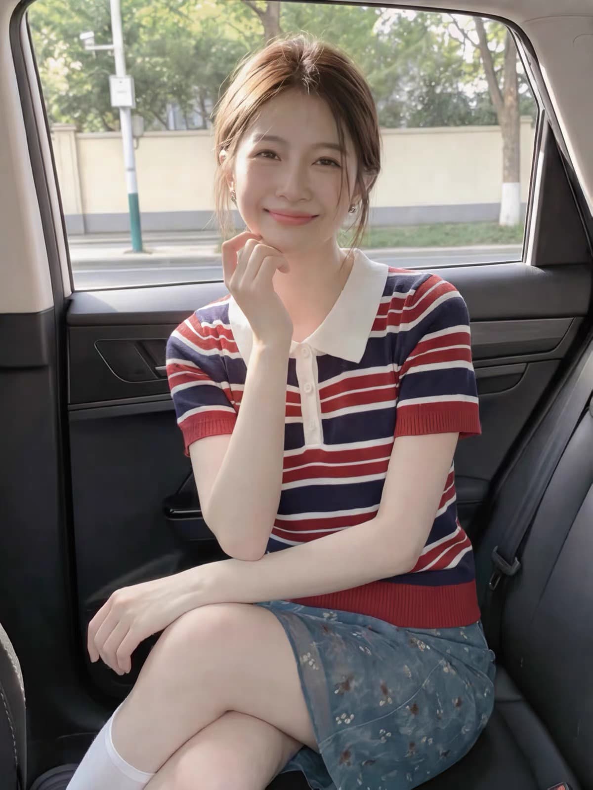 아메리칸 학원 스타일 배색 스트라이프 POLO 칼라 얼음 실크 니트 스웨터 여성 여름 몸매 가꾸기 긍정적 인 어깨 반팔 티셔츠 맨위 상세 이미지 1