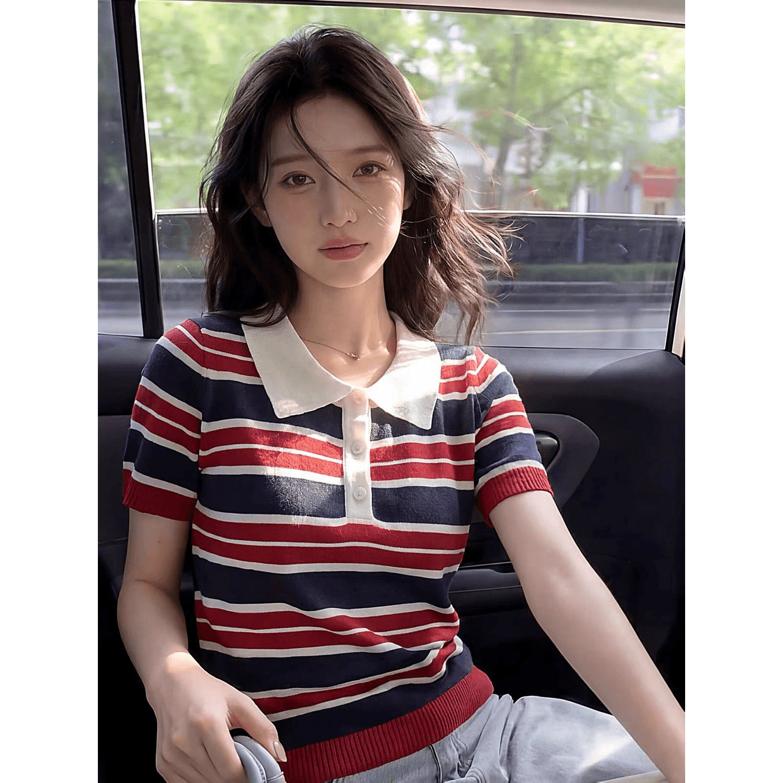 한 부서 다용도 배색 스트라이프 POLO 칼라 얼음 실크 니트 반팔 티셔츠 여성 여름 몸매 가꾸기 슬림해 보이는 폴로 칼라 맨위 이미지 5