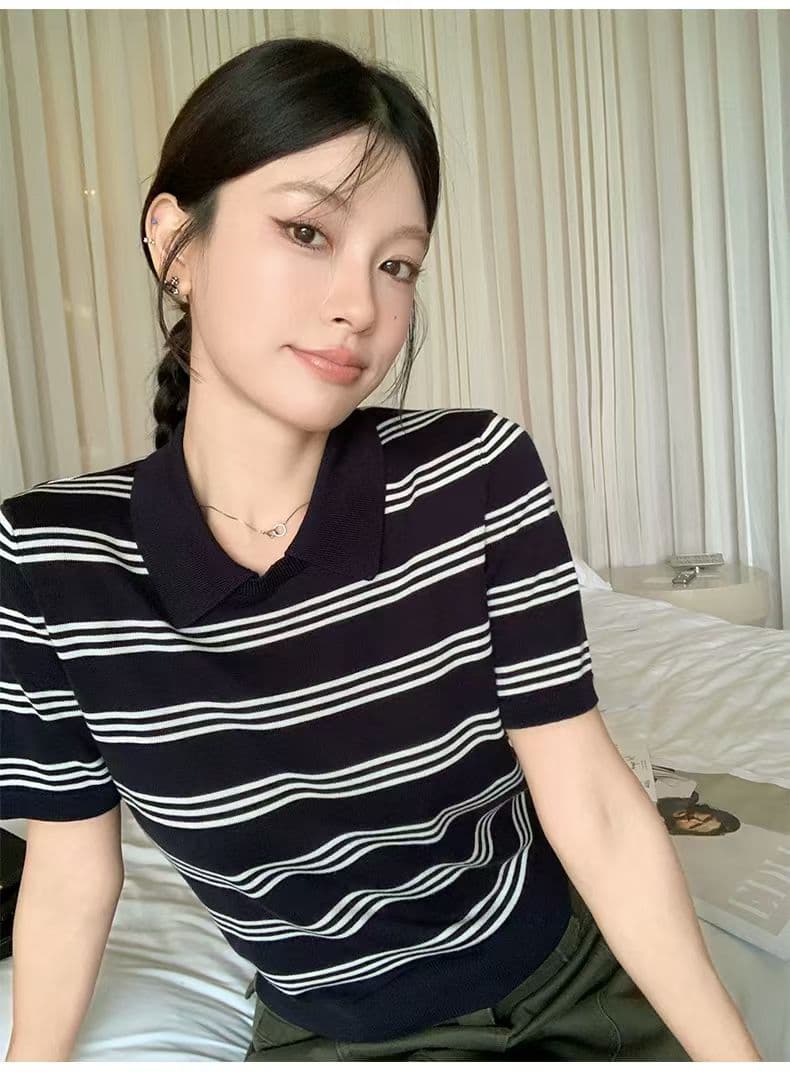 한 부서 미니멀리즘 부드러운 바람 배색 스트라이프 니트 스웨터 여름 새로운 슬림해 보이는 고급 센스 맨위 여성 상세 이미지 8