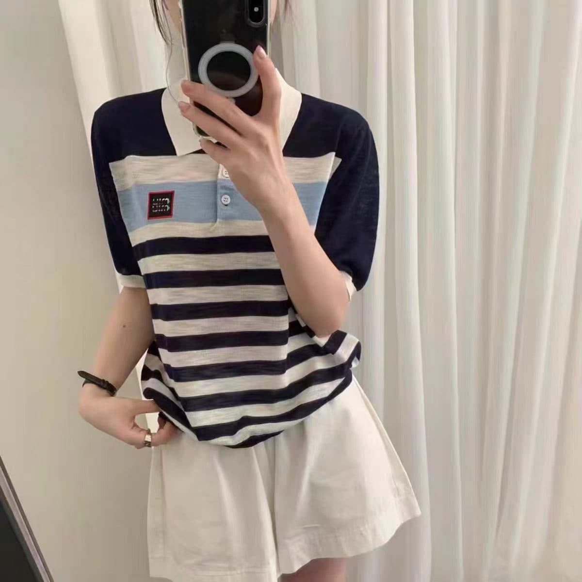 한 부서 배색 자수 스트라이프 POLO 칼라 반팔 니트 스웨터 여성 유럽 상품 여름 새로운 고급 센스 다용도 맨위 상세 이미지 2