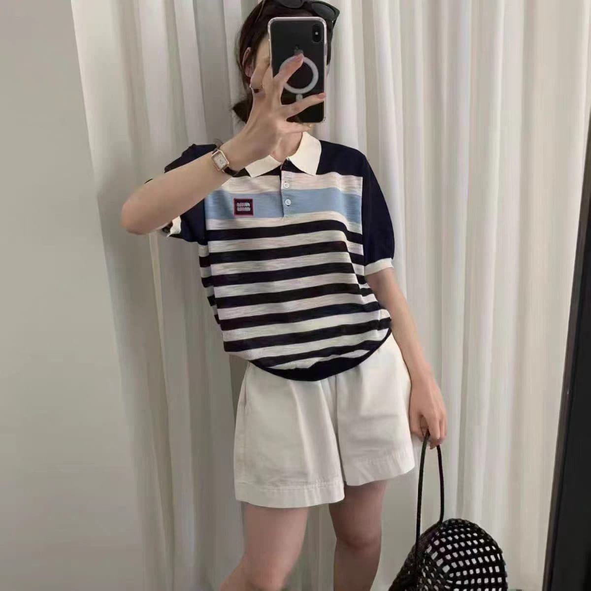 한 부서 배색 자수 스트라이프 POLO 칼라 반팔 니트 스웨터 여성 유럽 상품 여름 새로운 고급 센스 다용도 맨위 상세 이미지 3