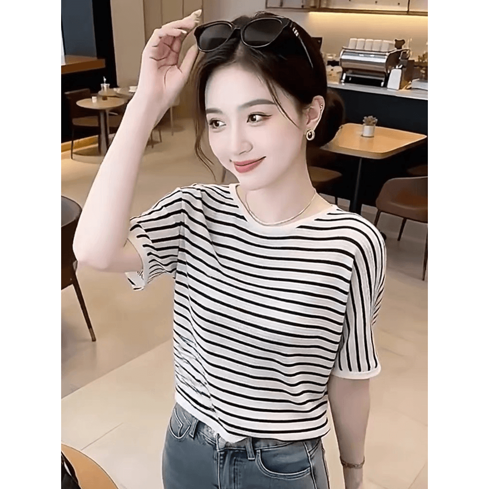 프랑스식 느긋한 바람 디자인 센스 기본 셔츠 루즈핏 슬림해 보이는 스트라이프 니트 얇은 스타일 반팔 티셔츠 여성 의류 맨위 트렌디 이미지 5