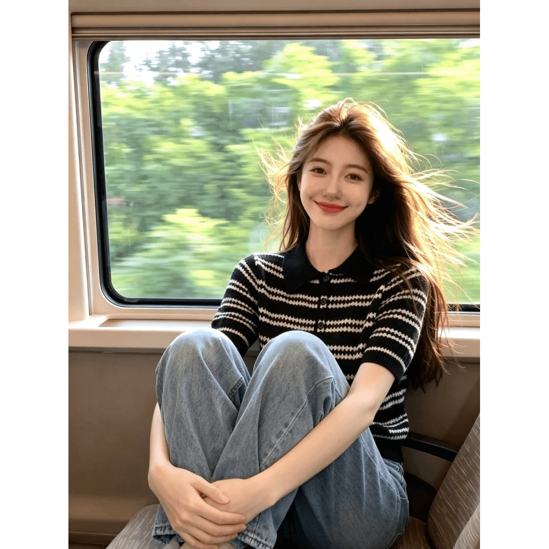 보존 섹션 추천 한 부서 고급 센스 스트라이프 폴로 칼라 반팔 니트 스웨터 여성 여름 섹션 루즈핏 슬림해 보이는 맨위 이미지 5