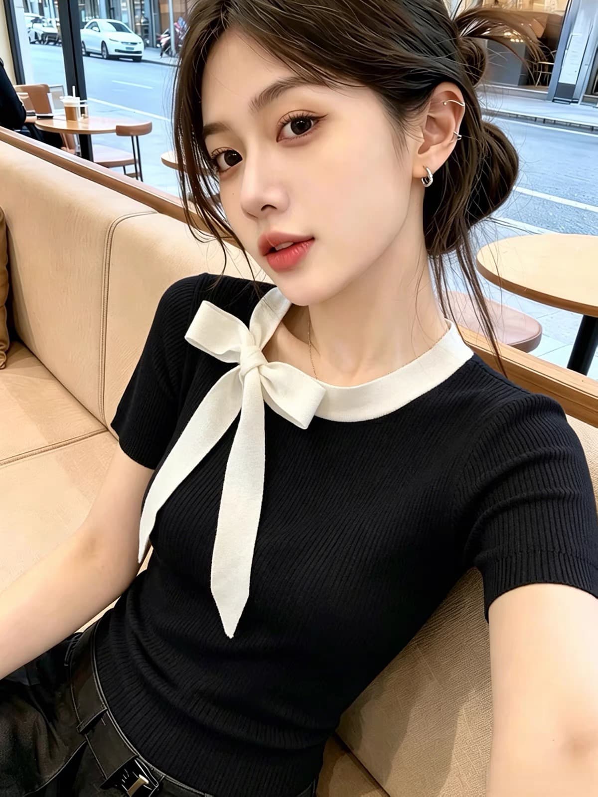 올해 인기 폭발 라운드 넥 나비 매듭 리본 반팔 니트 스웨터 여성 여름 새로운 몸매 가꾸기 슬림해 보이는 맨위 트렌디 이미지 2