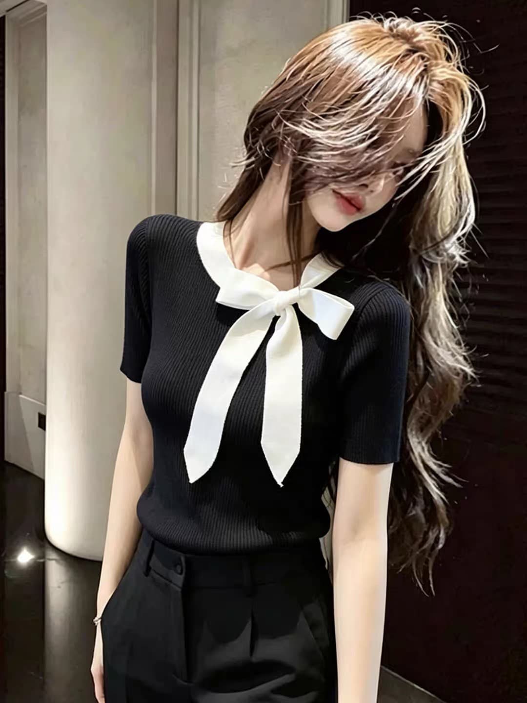 한 스타일 레이스업 나비 매듭 반팔 니트 스웨터 여성 2026 여름 섹션 작은 키 풀오버 라운드 넥 슬림해 보이는 긍정적 인 어깨 의류 이미지 2
