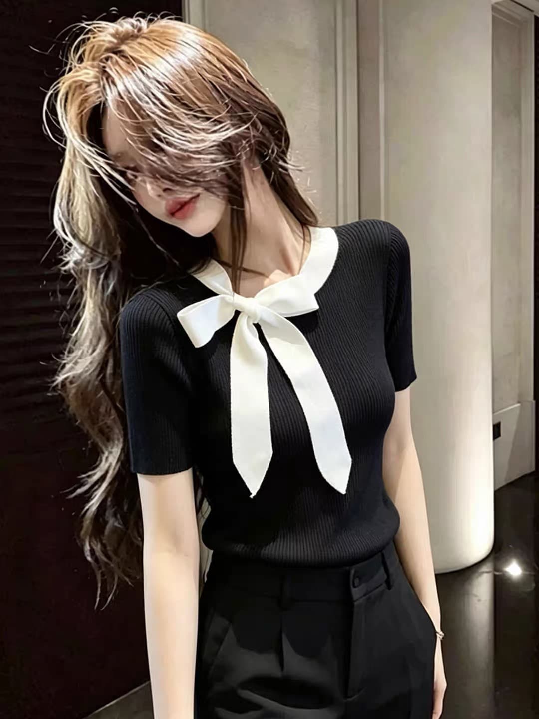 한 스타일 레이스업 나비 매듭 반팔 니트 스웨터 여성 2026 여름 섹션 작은 키 풀오버 라운드 넥 슬림해 보이는 긍정적 인 어깨 의류 이미지 4