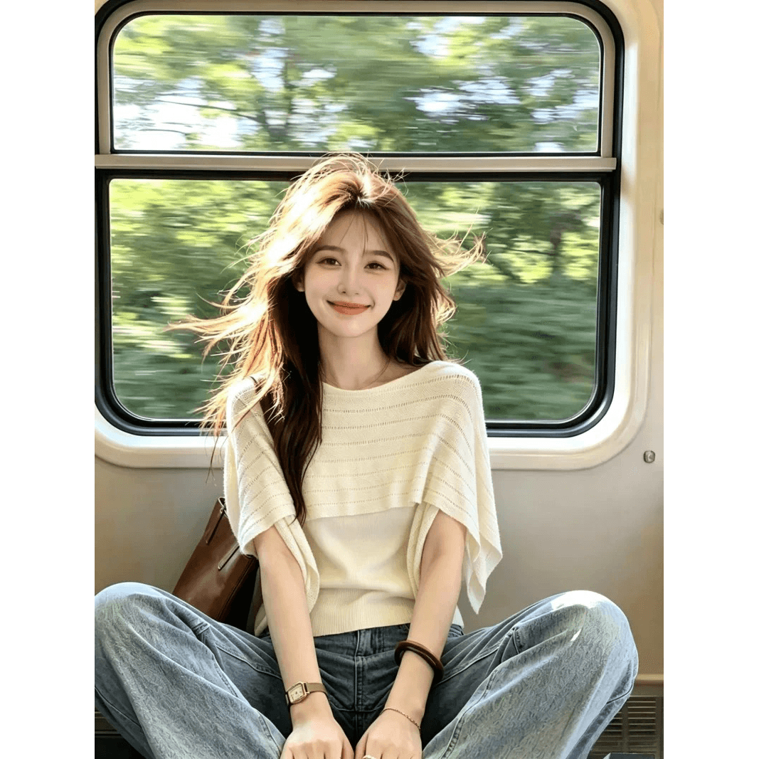 보존 섹션 추천 느긋한 바람 숄 페이크 레이어드 니트 스웨터 여성 여름 새로운 고유 한 슬림해 보이는 얇은 스타일 맨위 이미지 5