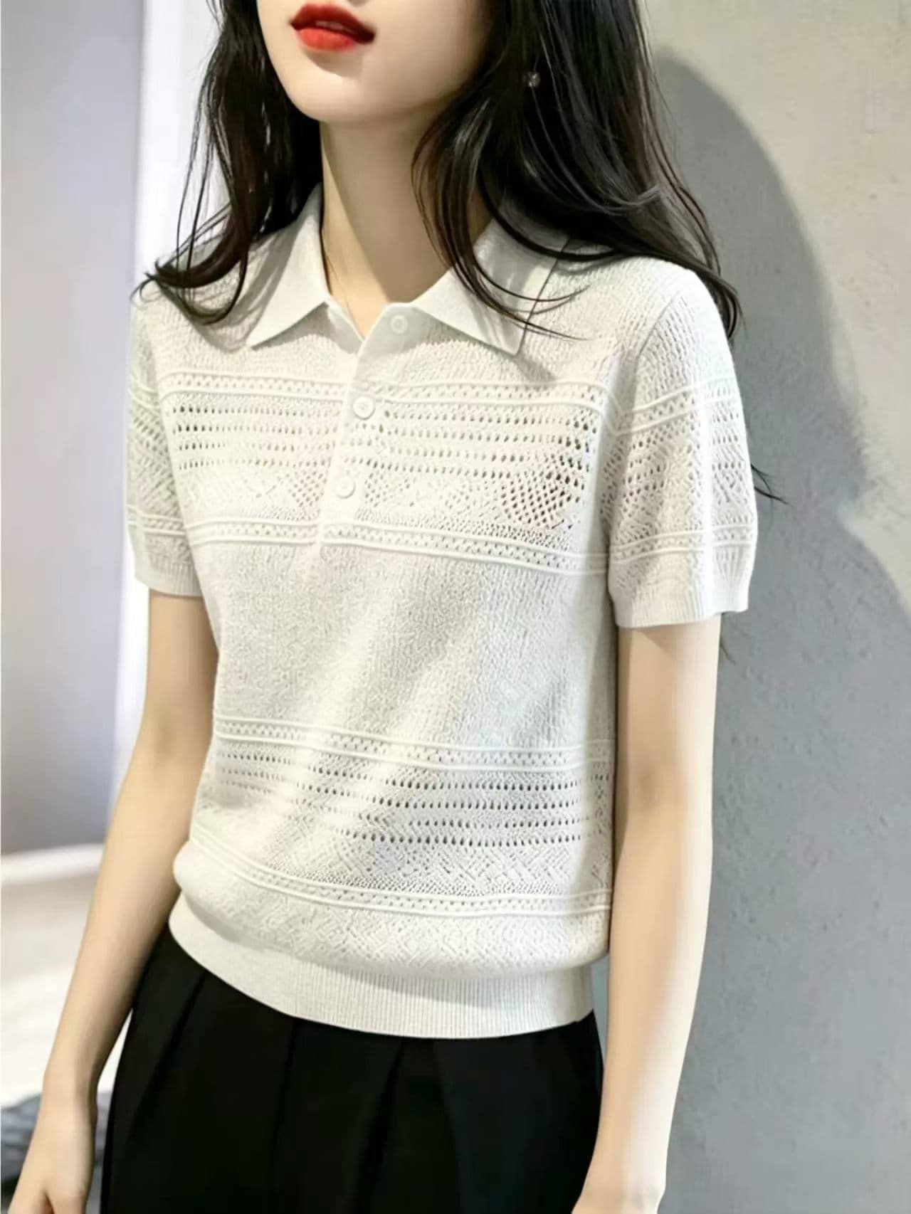 광저우 열세 개 고급 여성 의류 폭발 2026 프랑스식 패션 미니멀리즘 바람 출퇴근 폴로 칼라 반팔 니트 스웨터 여름 이미지 3