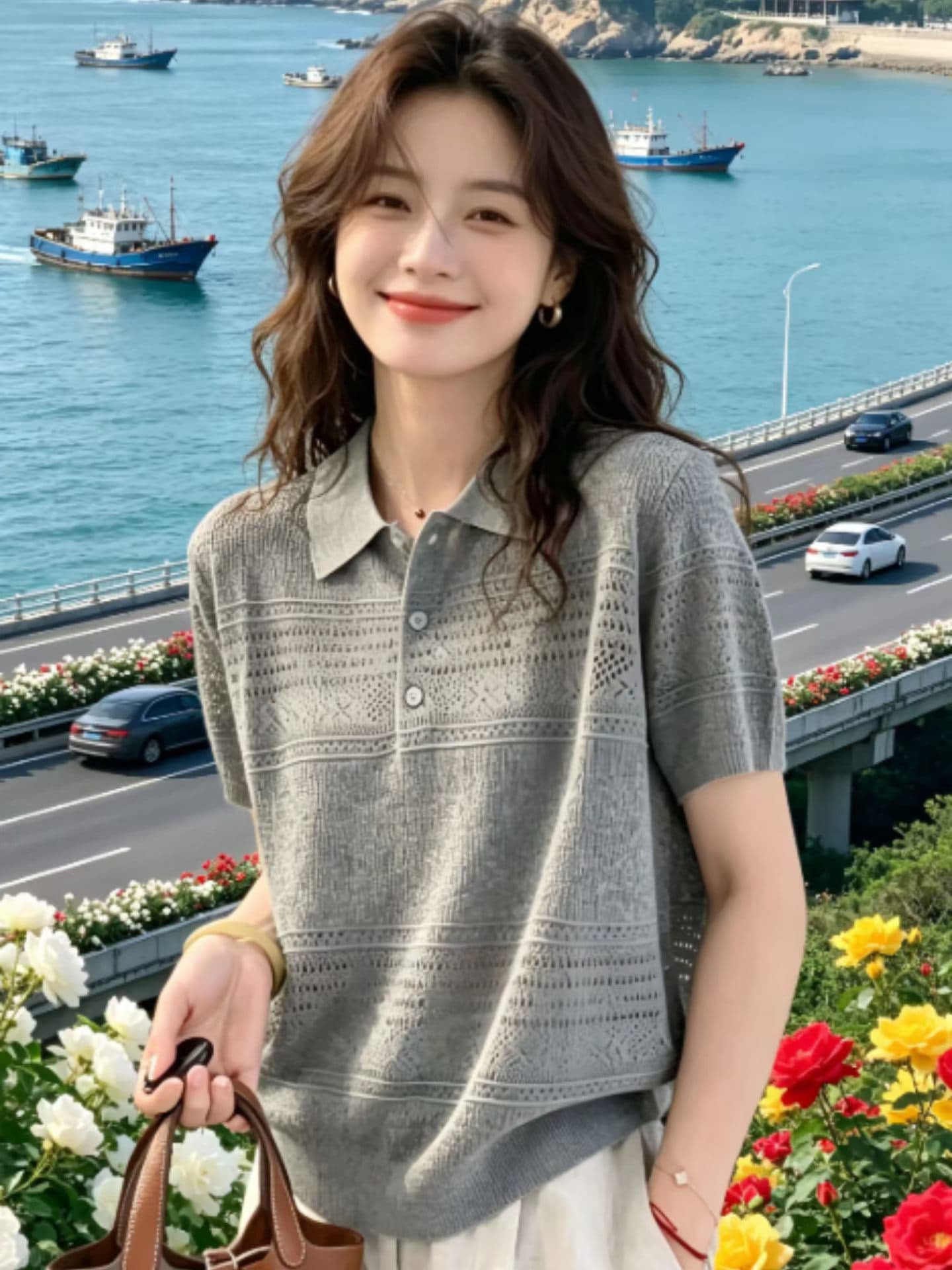 광저우 열세 개 고급 여성 의류 폭발 2026 프랑스식 패션 미니멀리즘 바람 출퇴근 폴로 칼라 반팔 니트 스웨터 여름 상세 이미지 1