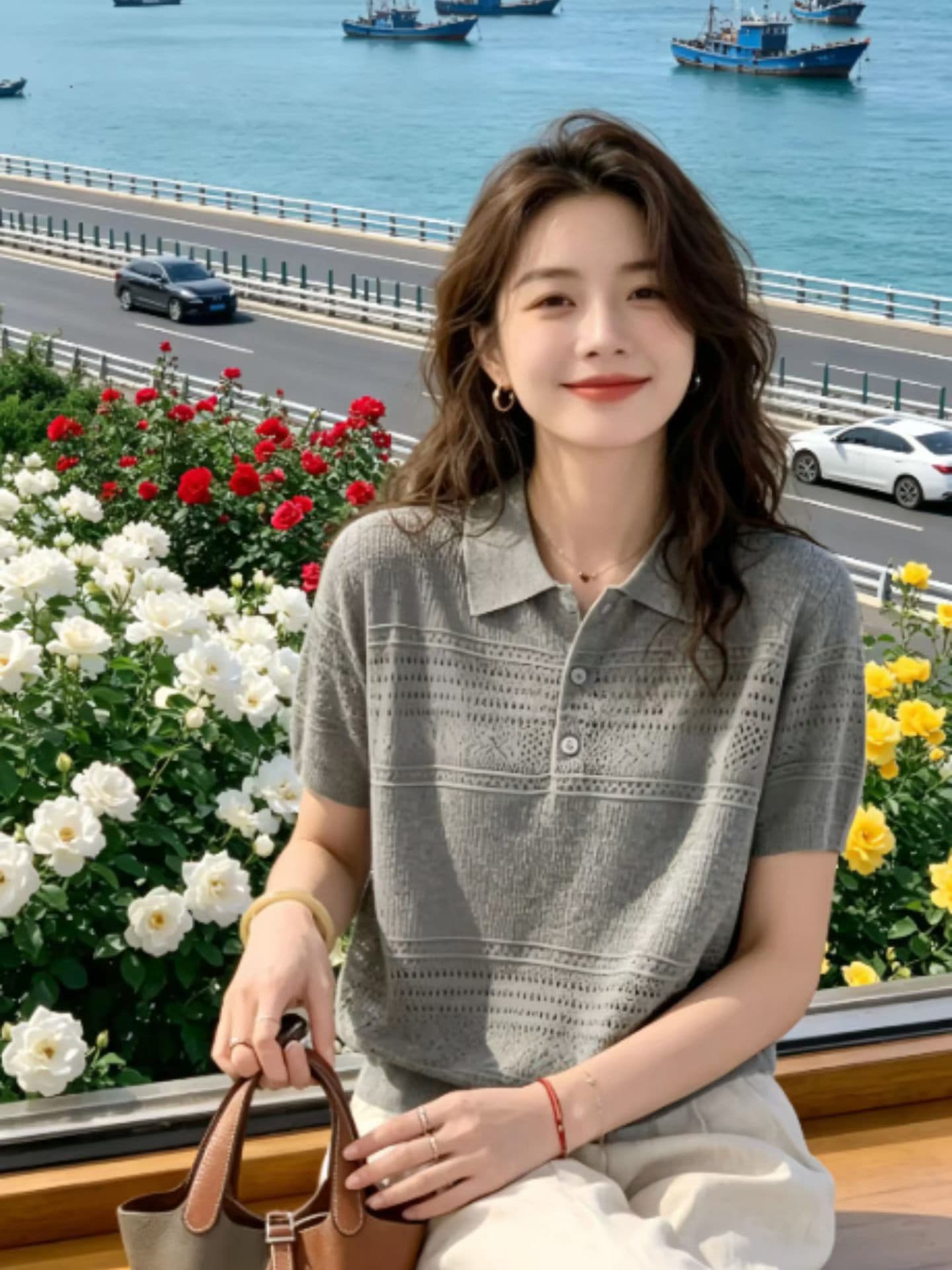 광저우 열세 개 고급 여성 의류 폭발 2026 프랑스식 패션 미니멀리즘 바람 출퇴근 폴로 칼라 반팔 니트 스웨터 여름 상세 이미지 2