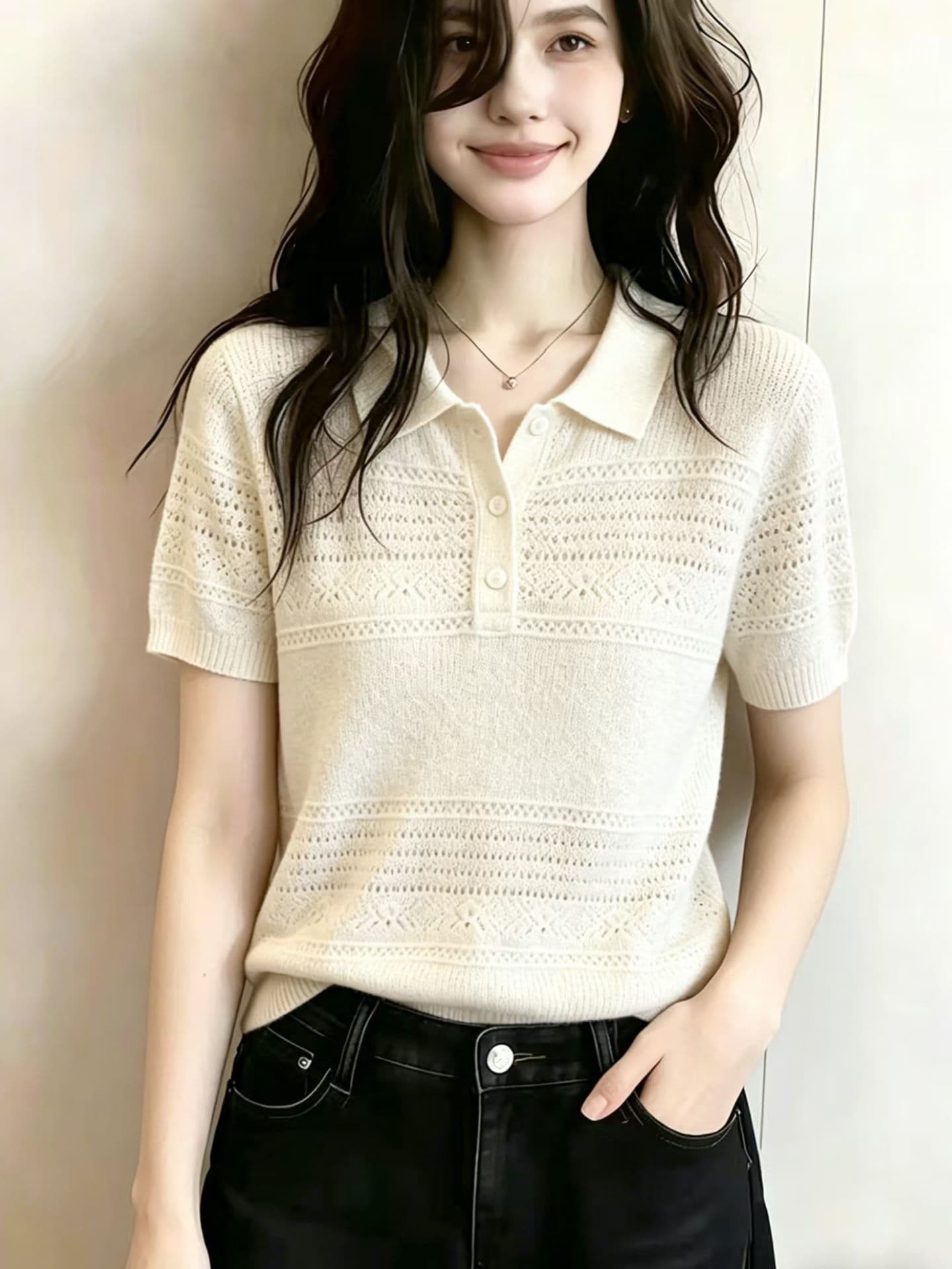 광저우 열세 개 고급 여성 의류 폭발 2026 프랑스식 패션 미니멀리즘 바람 출퇴근 폴로 칼라 반팔 니트 스웨터 여름 상세 이미지 5
