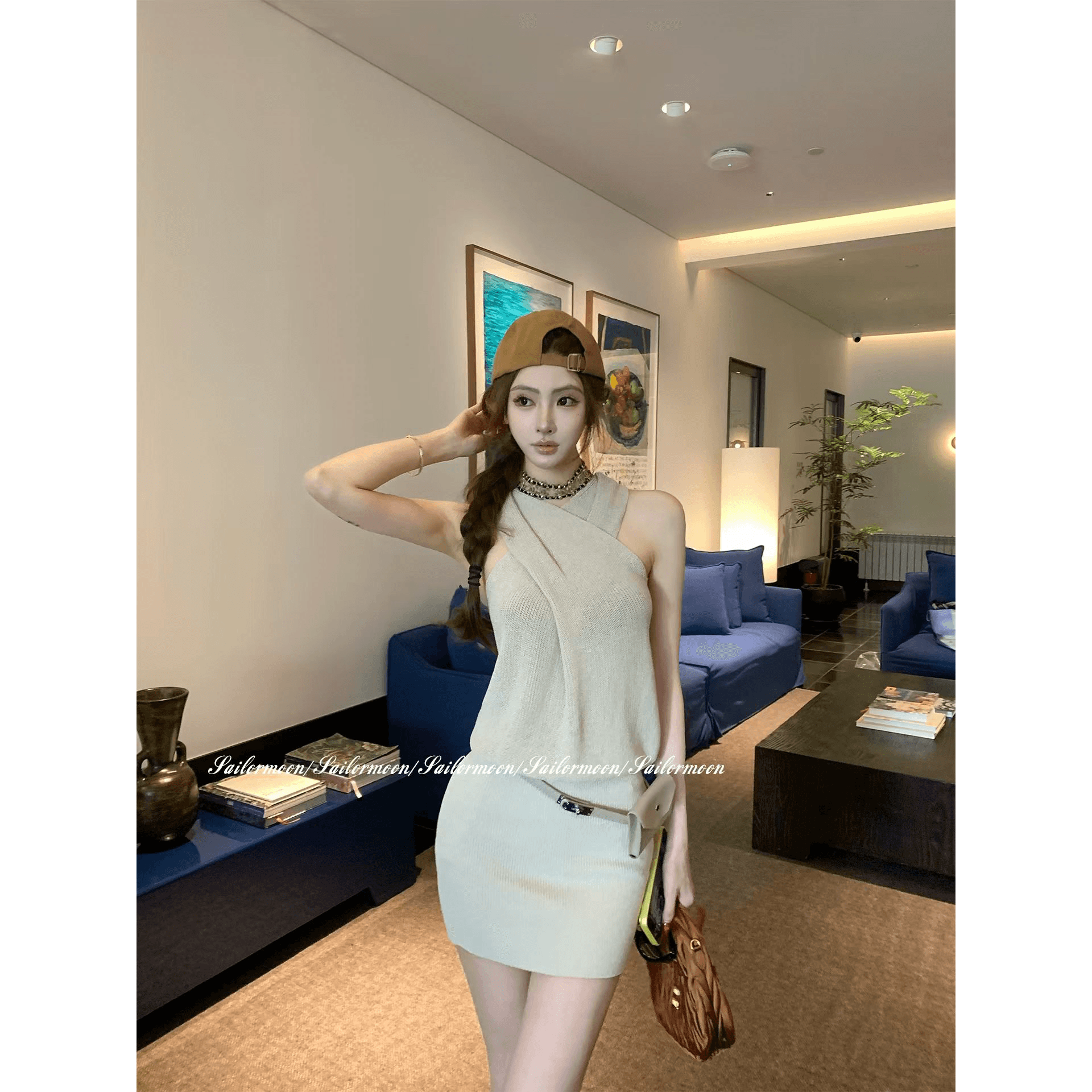 살구 색상 십자가 행침 목 니트 여성 드레스 여름 순수한 욕망 고급 센스 작은 대중 Chic 슈퍼 잘 생긴 타이트 스커트 미니 스커트 이미지 5
