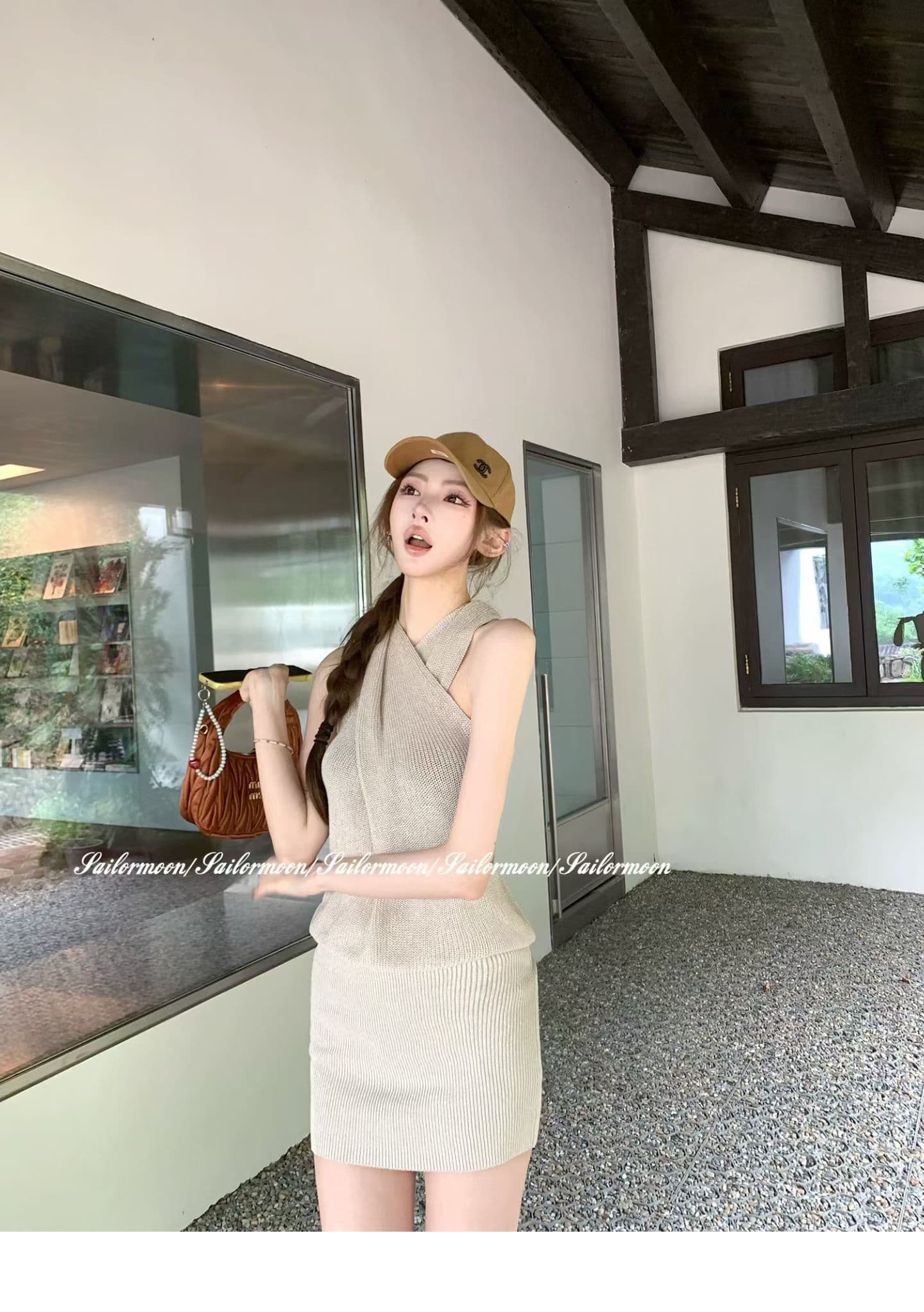 살구 색상 십자가 행침 목 니트 여성 드레스 여름 순수한 욕망 고급 센스 작은 대중 Chic 슈퍼 잘 생긴 타이트 스커트 미니 스커트 상세 이미지 3