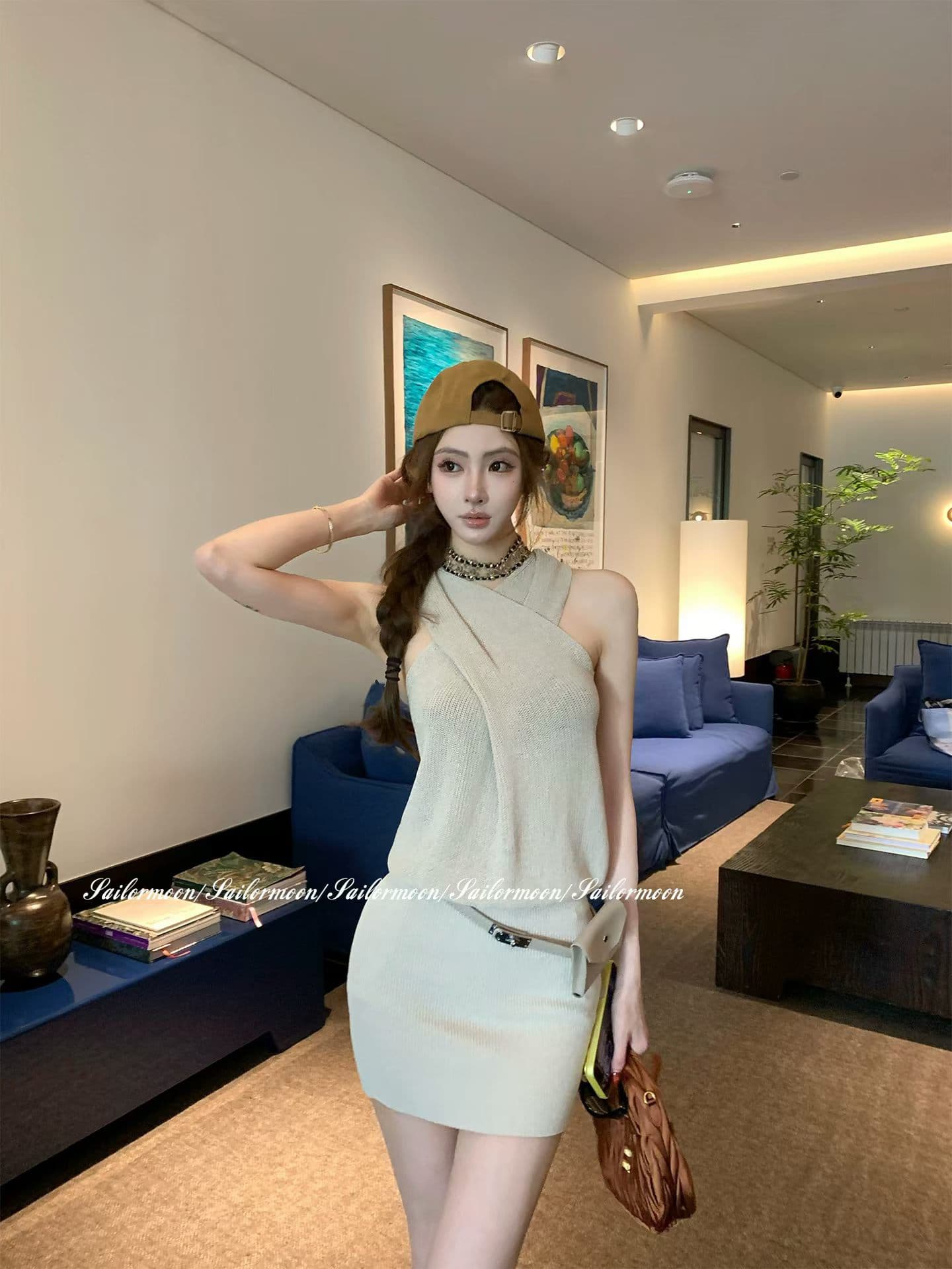 살구 색상 십자가 행침 목 니트 여성 드레스 여름 순수한 욕망 고급 센스 작은 대중 Chic 슈퍼 잘 생긴 타이트 스커트 미니 스커트 상세 이미지 6