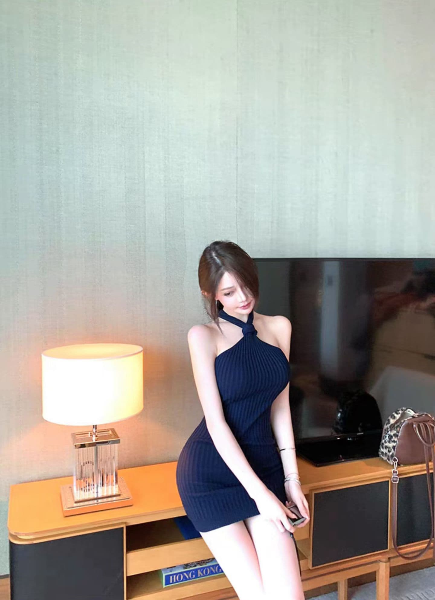 순수한 욕망 핫걸 바람 해군 섹시함 행침 목 디자인 센스 니트 여성 드레스 백리스 타이트 타이트 스커트 짧은 치마 상세 이미지 3