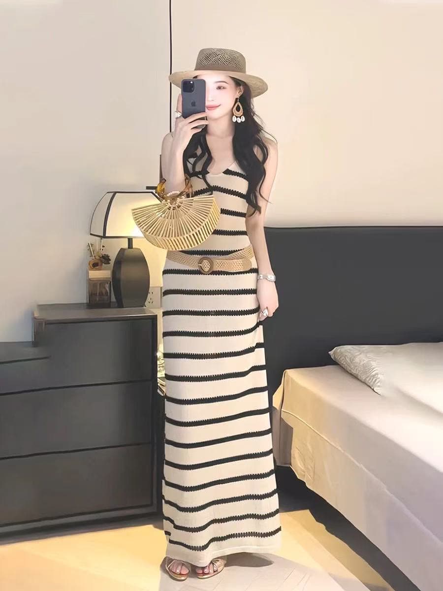 벨트 포함 프랑스식 레트로 품격 스트라이프 니트 슬립 드레스 허리 수축 슬림해 보이는 롱 스커트 휴가 바람 롱 스커트 이미지 2