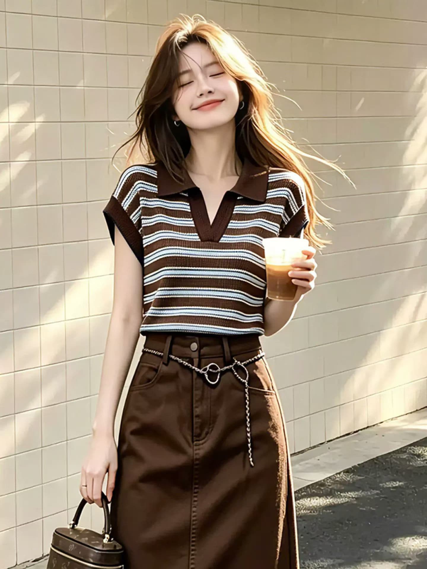 프랑스식 레트로 커피 색상 POLO 셔츠 긍정적 인 어깨 반팔 티셔츠 여성 여름 디자인 센스 얼음 실크 니트 쇼트 스타일 맨위 얇은