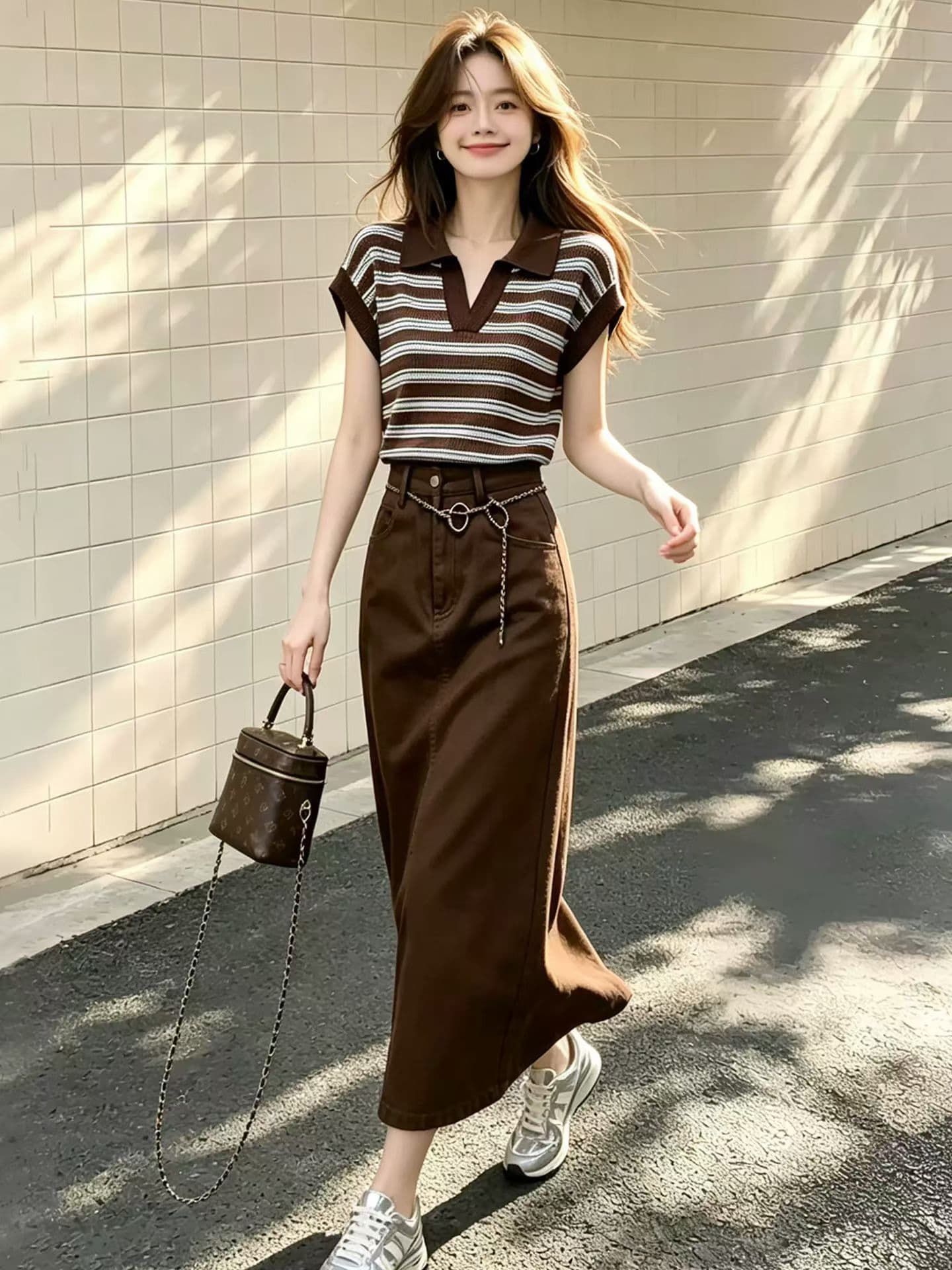 프랑스식 레트로 커피 색상 POLO 셔츠 긍정적 인 어깨 반팔 티셔츠 여성 여름 디자인 센스 얼음 실크 니트 쇼트 스타일 맨위 얇은 상세 이미지 2