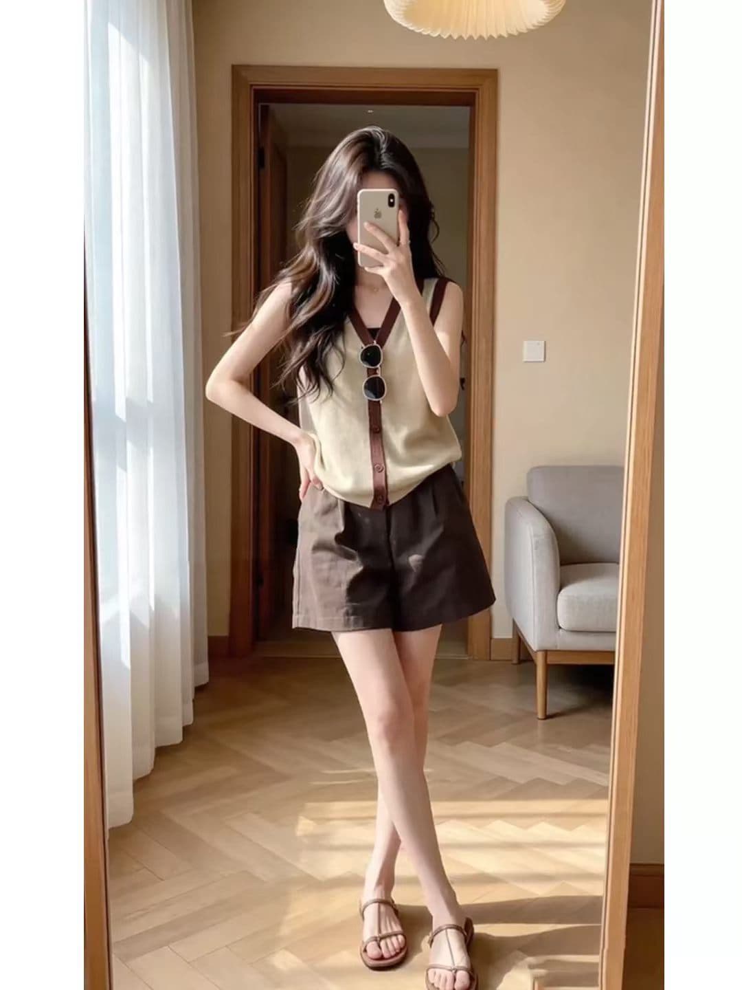 한 부서 디자인 센스 홀로우 아웃 폴로 칼라 민소매 조끼 모방 아마 니트 오픈 가디건 여성 여름 새로운 느긋한 맨위 이미지 2