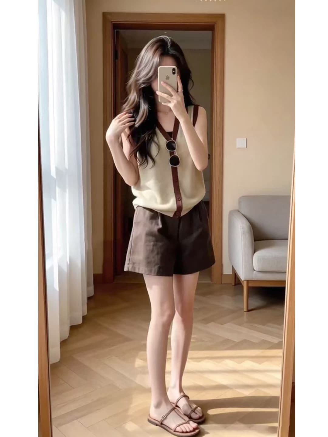 한 부서 디자인 센스 홀로우 아웃 폴로 칼라 민소매 조끼 모방 아마 니트 오픈 가디건 여성 여름 새로운 느긋한 맨위 이미지 3