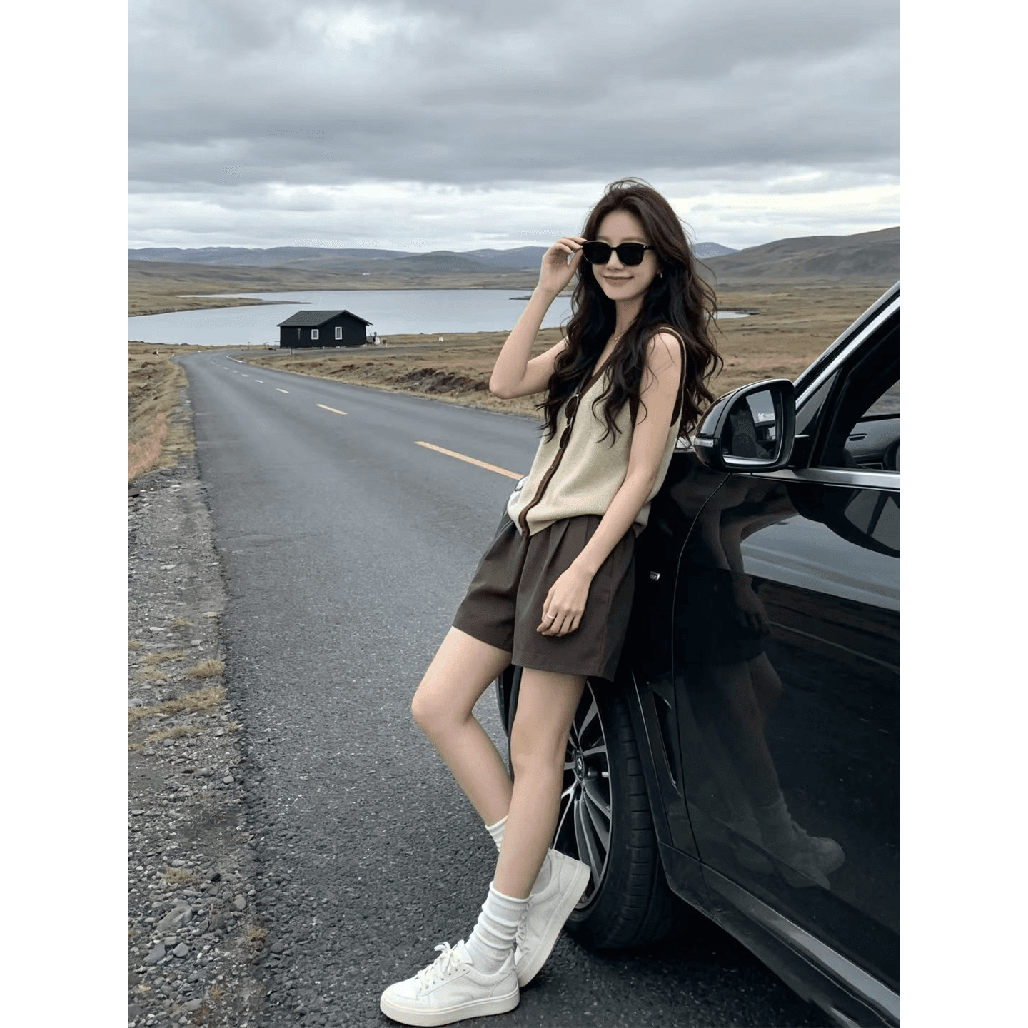 한 부서 디자인 센스 홀로우 아웃 폴로 칼라 민소매 조끼 모방 아마 니트 오픈 가디건 여성 여름 새로운 느긋한 맨위 이미지 5